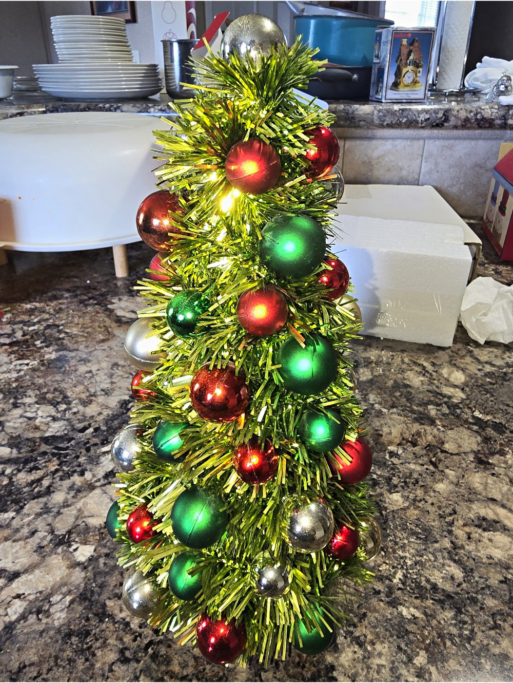 Vintage Retro 12" Tabletop Tinsel Christmas Tree Green with Mini Ball Ornaments